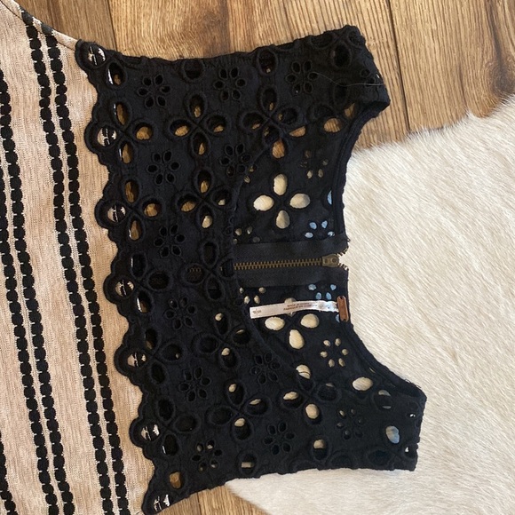 Free People Women's Eyelet Stripe Peplum Top in black and beige stripes - Picture 4 of 7